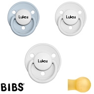 Bibs de Lux sutter med navn (2 White + 1 Babyblue-HK) Runde Latex str.1, 3 pack